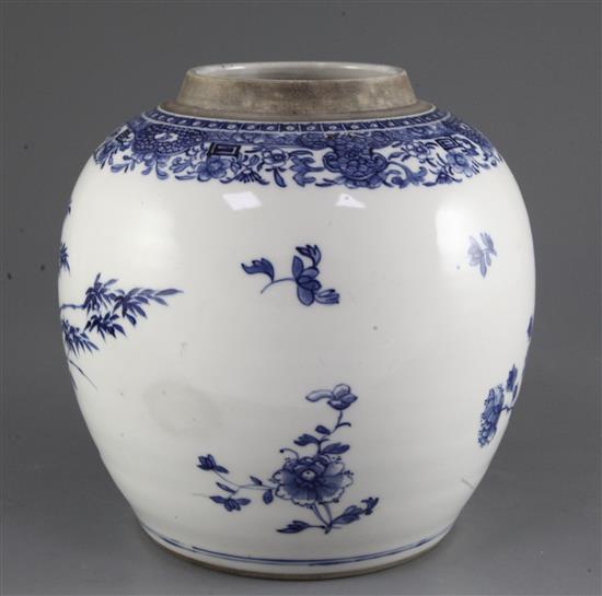 A Chinese export blue and white ovoid jar, Qianlong period, height 22cm, small holes to shoulder for handle mounts